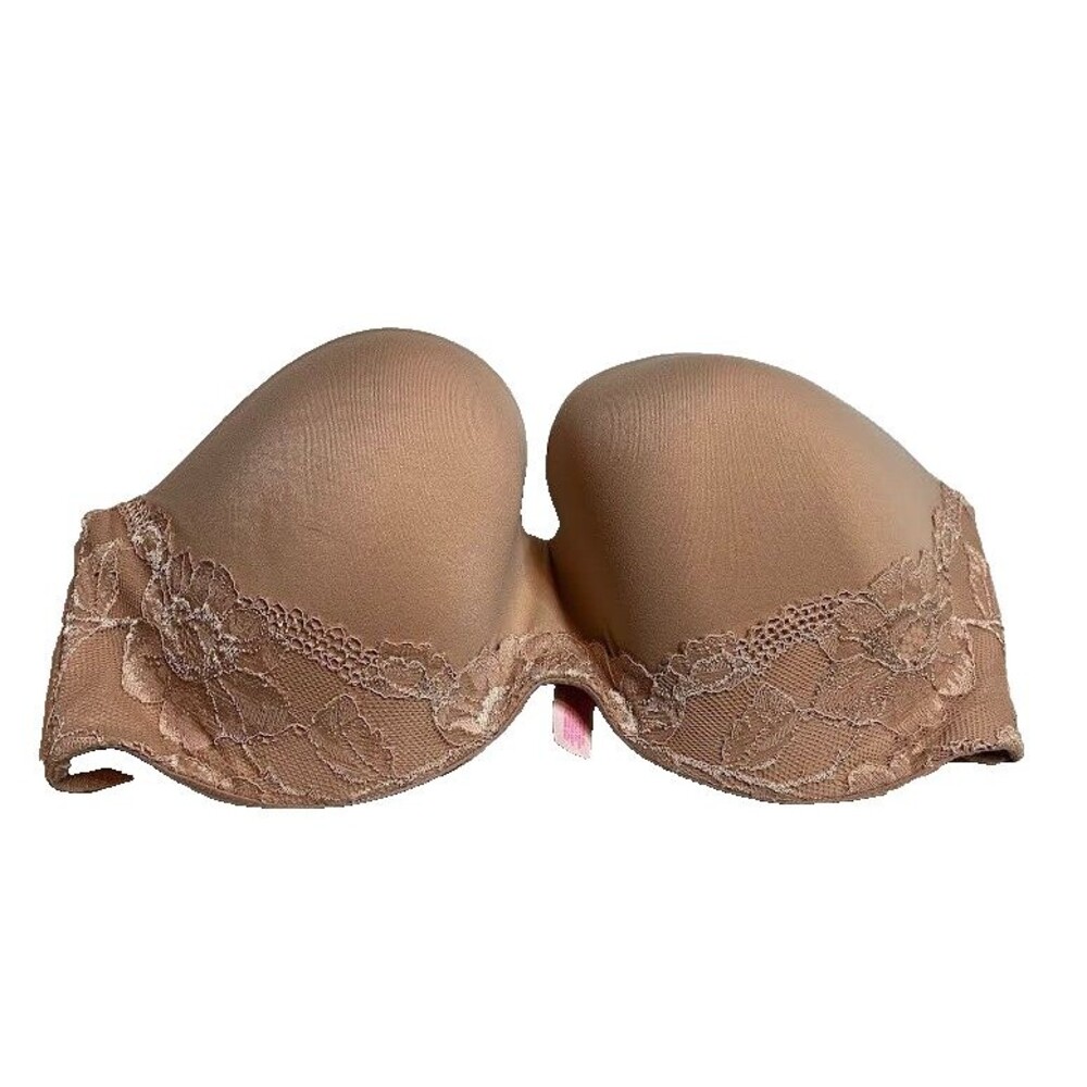 Victoria's Secret Bra 36DD Body by Victoria Strapless Beige Lace Trim Lined